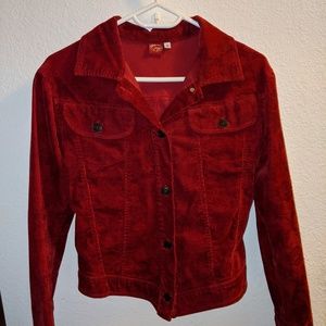 Red jacket with iridescent floral pattern & v-cut